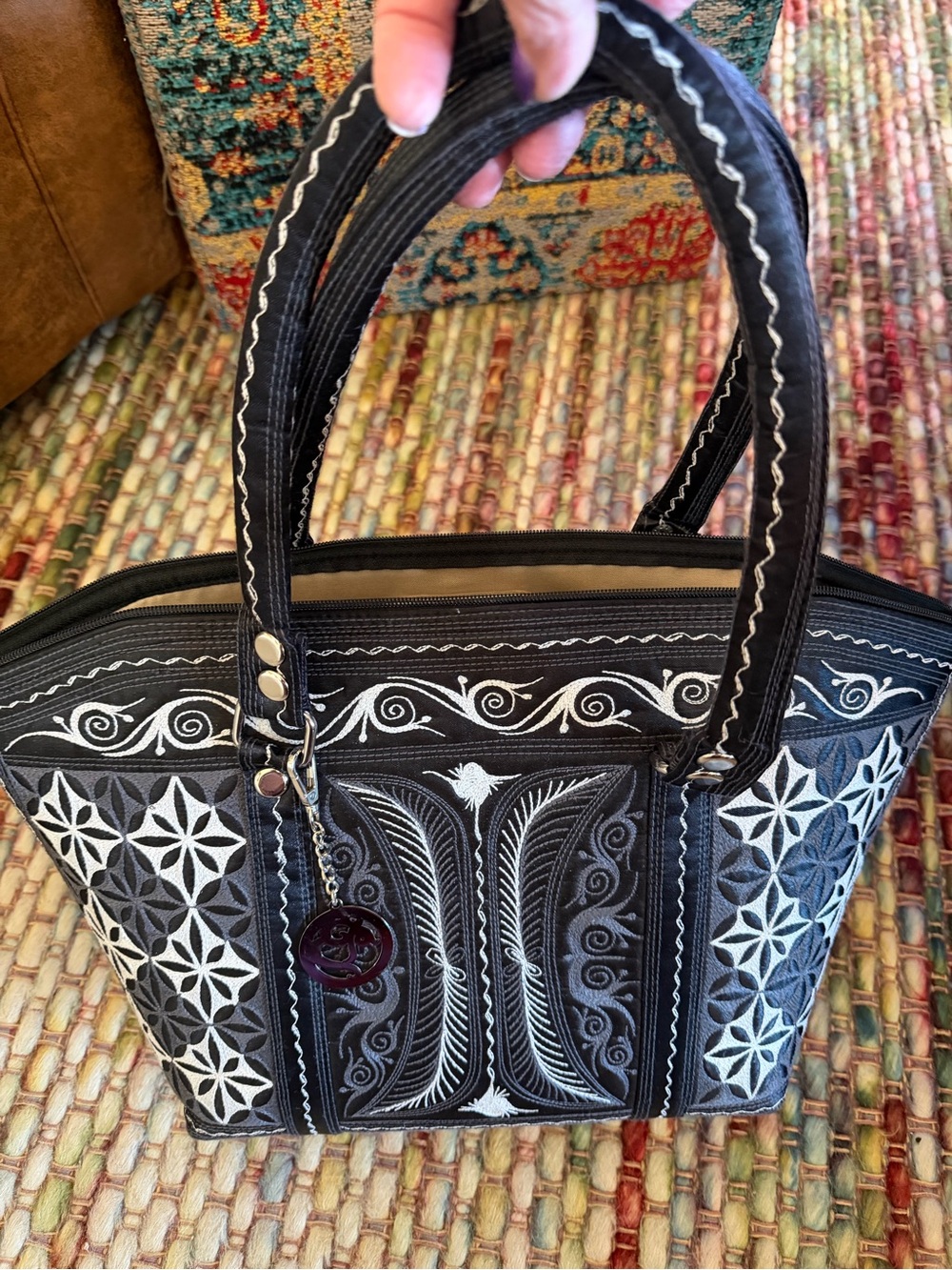 Embroidered Black & White Tote Bag with Double Handles